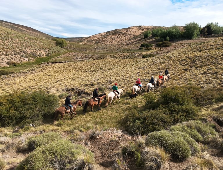 A group of people on horseback riding in a line through a hilly landscape.