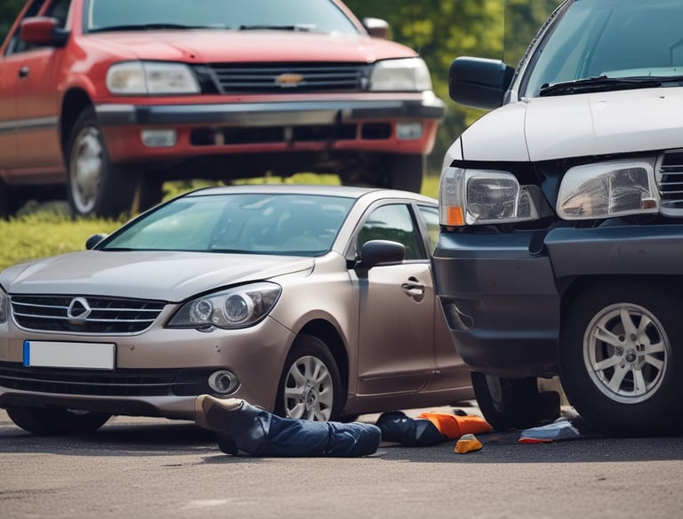 A lawyer discussing a traffic accident case with a client in a bright office.