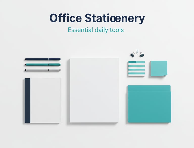"مجموعة أدوات قرطاسية مكتبية تشمل أوراق A4، دفاتر، أقلام، ملفات ومستلزمات يومية ضمن قسم Office Stati