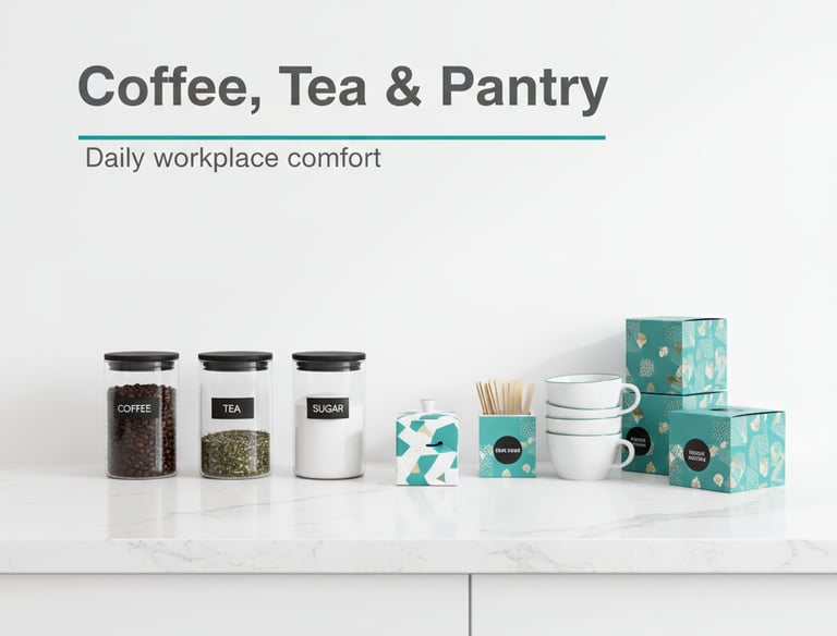 "مجموعة مستلزمات الضيافة المكتبية من قهوة، شاي، سكر، أكواب، وملحقات بانترِي ضمن قسم Coffee, Tea & Pa