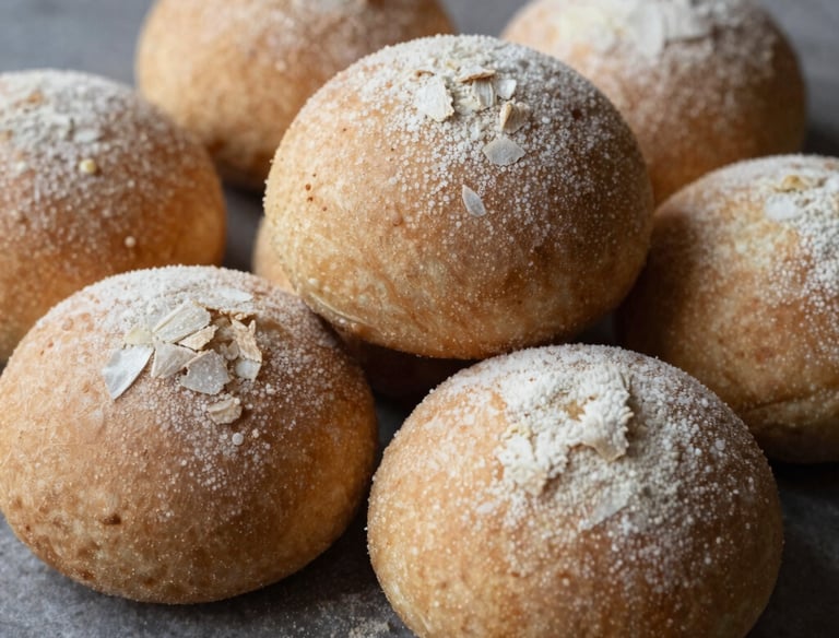 Freshly baked golden bread loaves arranged on a rustic wooden table with a linen cloth.