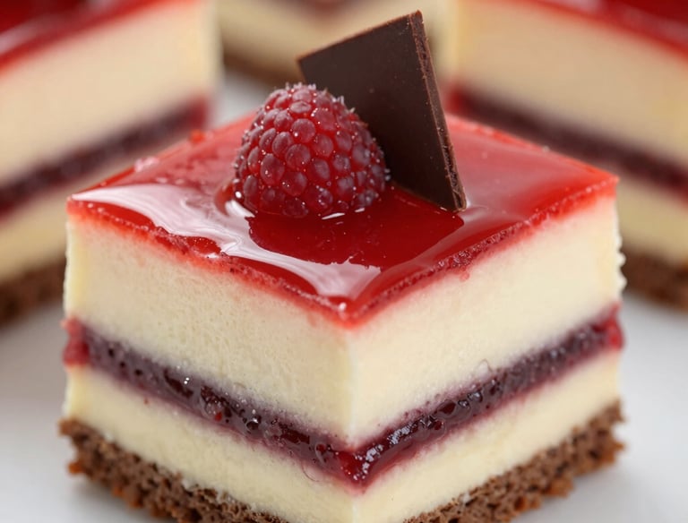 Close-up of a glossy chocolate entremet with delicate gold leaf decoration on a modern ceramic plate.