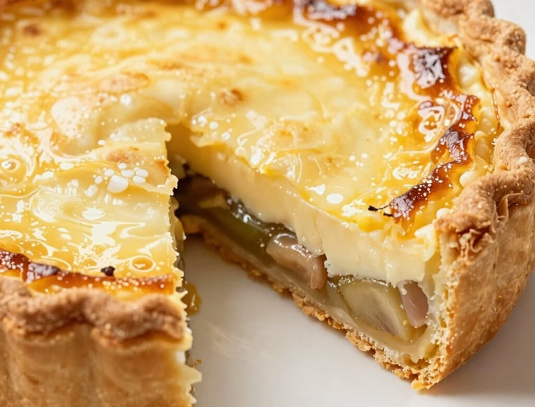 Elegant tart with savory toppings, garnished with fresh herbs on a minimalist white plate.