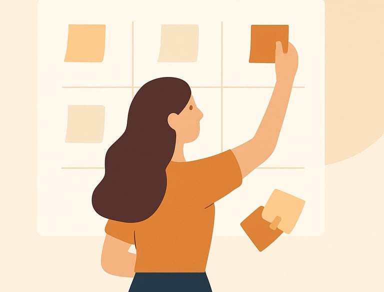 a woman is sticking on board a note