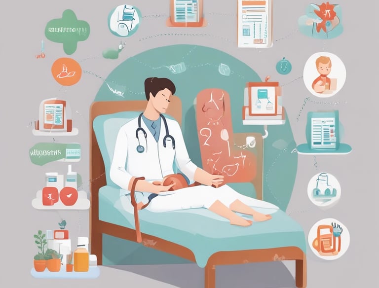 A professional consultation setting with a medical professional sitting at a desk facing a client. The room has a modern aesthetic with white walls decorated with framed certificates. The desk is organized with office supplies, a laptop, and a fruit bowl in the center.