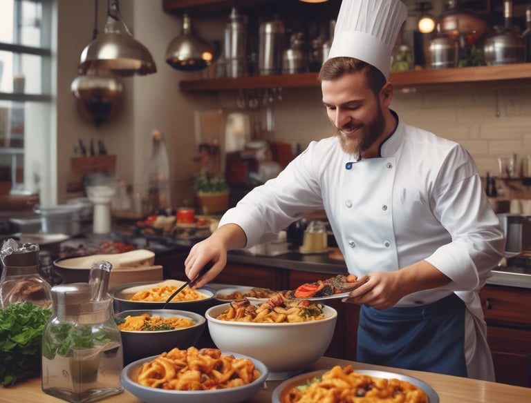 a man riding a skateboard down a street next to tall buildings