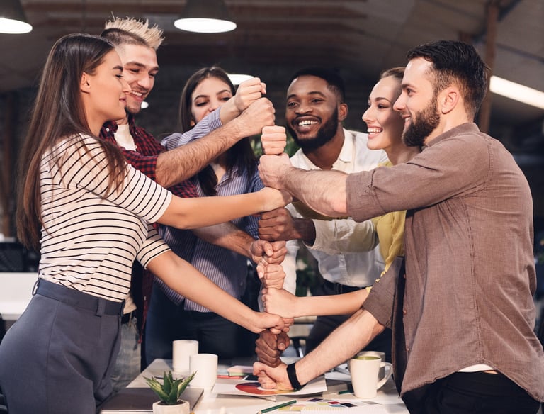 Group of working colleagues doing a collective skill game in an internal team event