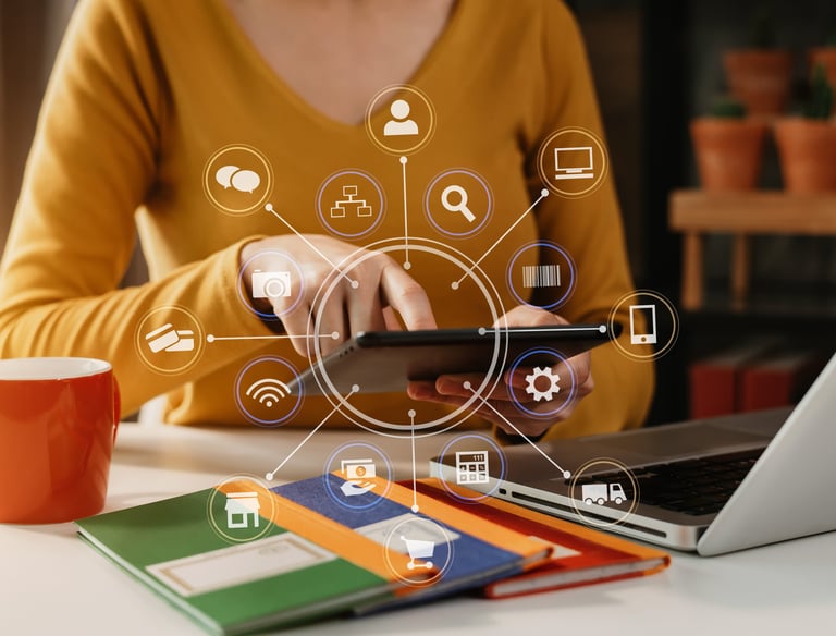 Women holding a laptop and navigating through digital advertising
