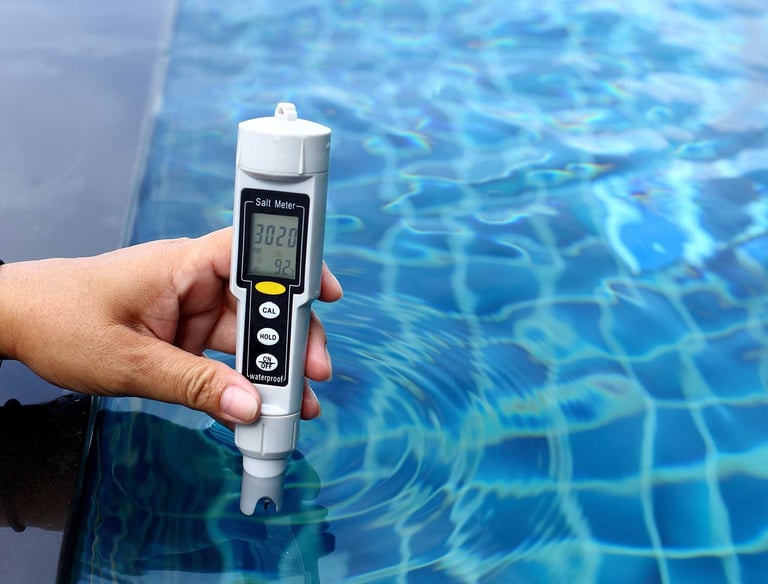 Digital water testing device checking pool chemical levels—part of Piscus Pools’ precise maintenance service.