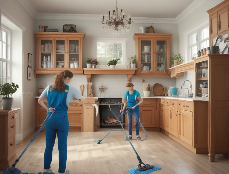 A professional cleaner organizing supplies in a well-maintained office space.