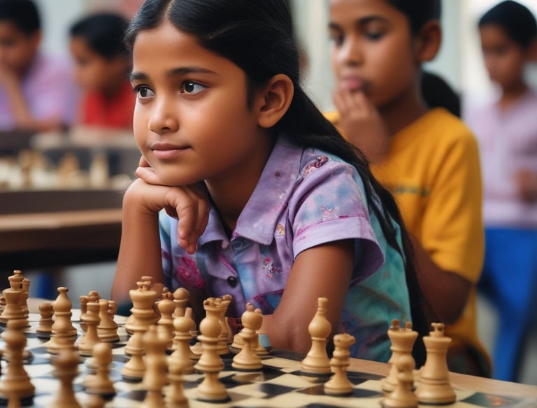 A group of children engaged in an online chess lesson with a coach.