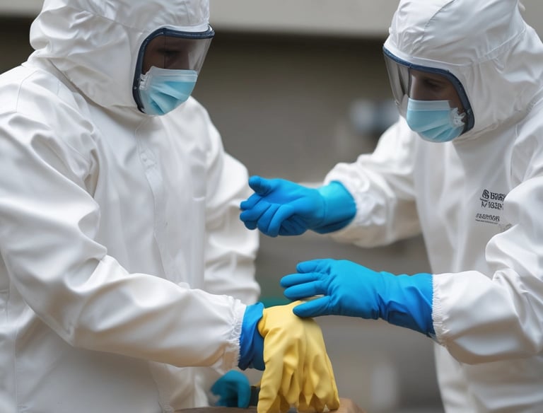 An instructor demonstrating biosecurity measures to a small group.
