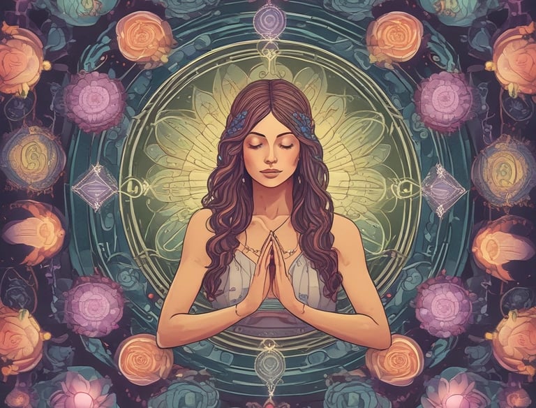 A group of people engaged in a spiritual or meditative practice, sitting in a row with hands raised in prayer or meditation gestures. The setting appears to be outdoors with a natural backdrop and metal fencing. The atmosphere is serene and focused.