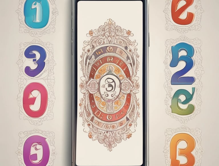 An arrangement of mystical and spiritual items on a soft white fabric. A notebook with intricate designs featuring an eye symbol, alongside a tarot card depicting a seated figure. A wooden incense holder, a crystal, and a small bottle of essential oil or perfume are nearby. A decorative stone with black patterns and a bundle of dried herbs rest on a small black dish. A woven fabric with sun and moon designs is draped in the background.