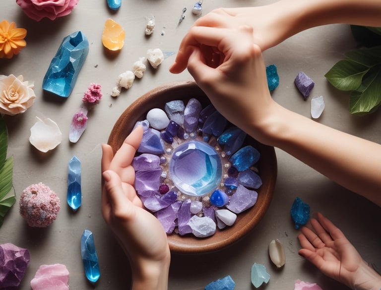 A group of people engaged in a spiritual or meditative practice, sitting in a row with hands raised in prayer or meditation gestures. The setting appears to be outdoors with a natural backdrop and metal fencing. The atmosphere is serene and focused.