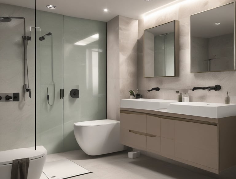 A modern wetroom featuring sleek tiles and a glass shower.