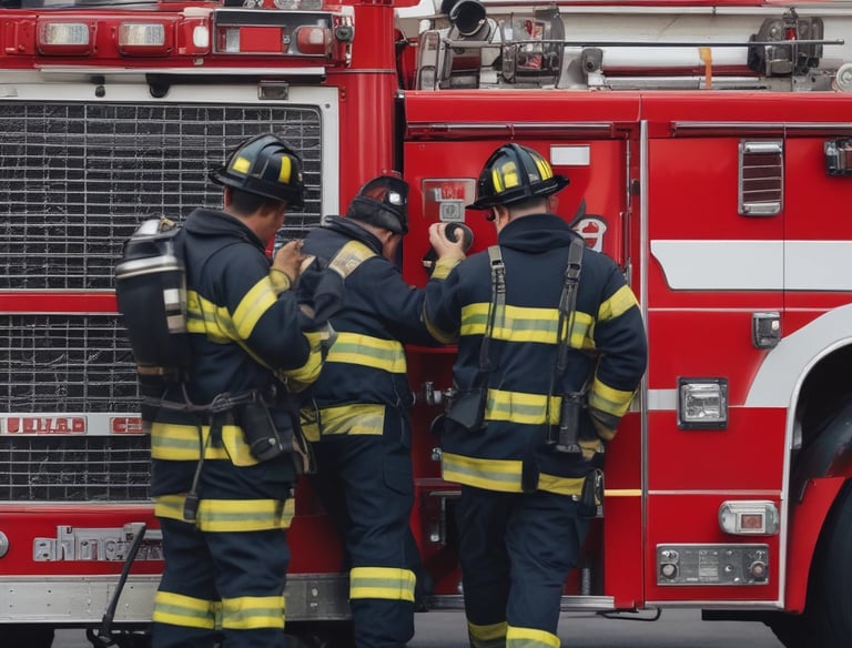 Several emergency responders attend to a person lying on the ground. One responder kneels beside the individual, holding medical equipment, while another is positioned nearby with a red medical bag. The scene suggests a medical emergency, with responders wearing uniforms and equipment indicating a professional, urgent atmosphere.