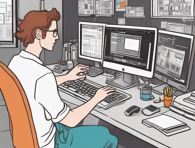 A workspace featuring a whiteboard with a social media content schedule, organized by day and platform, using sticky notes in varying colors. A wooden table holds an open laptop displaying a social media management application, alongside pens and small circular items.