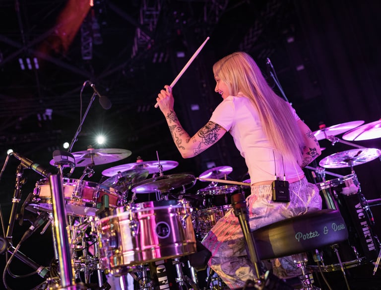 Professional touring drummer Lina Anderberg during arena soundcheck