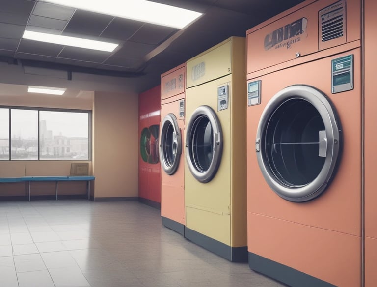 Several orange-fronted washing machines are aligned in a row, each with a circular glass door. On top of one of the machines, there is a green plastic laundry basket filled with clothes. Nearby, a stack of newspapers is placed on a counter.