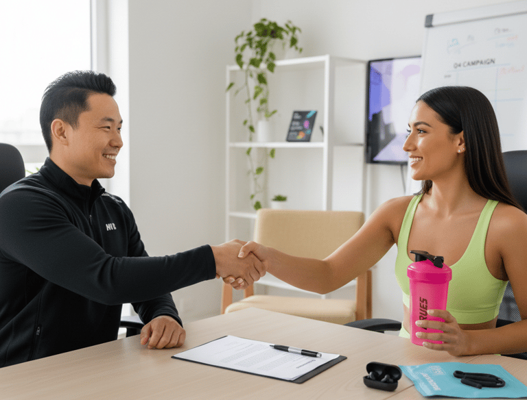 a man and woman shaking hands in a meeting room