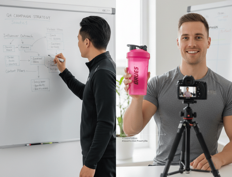 a man standing in front of a white board with a camera and a camera