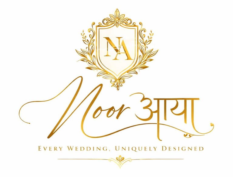 Golden Noor Aaya wedding planner logo with elegant crest and Hindi calligraphy on a white background.