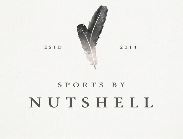 A minimalist logo with two dark feathers, the text 'SPORTS BY NUTSHEL' below, and 'ESTD 2014' on a light background