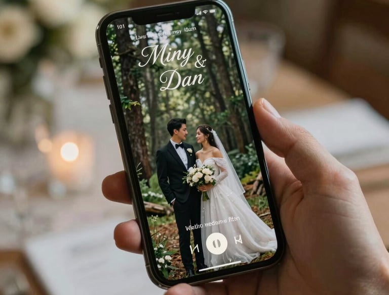 A digital invitation design displayed on a tablet, featuring elegant wedding motifs.