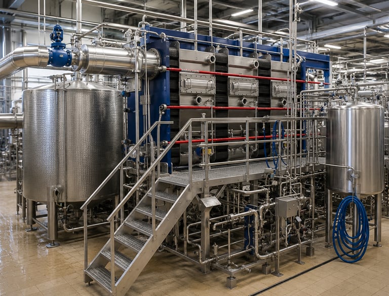 Industrial stainless steel plate heat exchanger and storage tanks in a beverage processing facility.