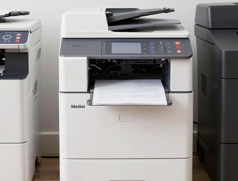 A technician setting up a modern multifunction printer in a bright office space.