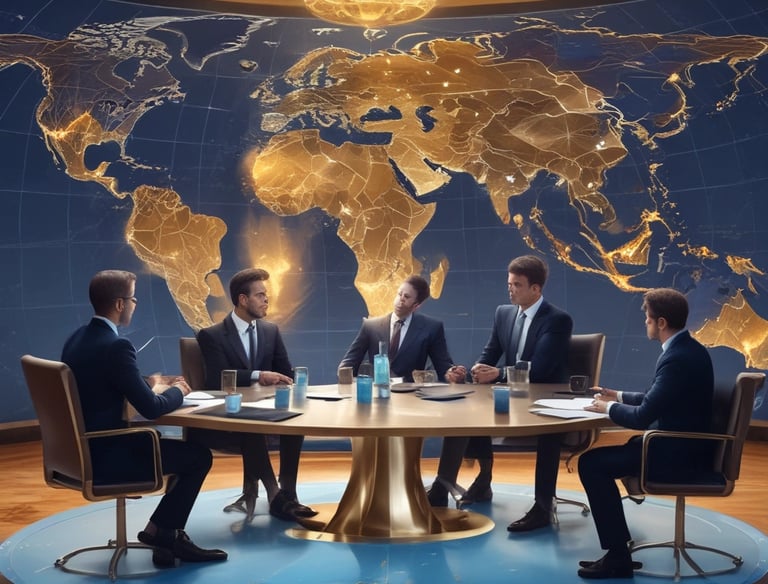 Diverse international partners shaking hands over a conference table.