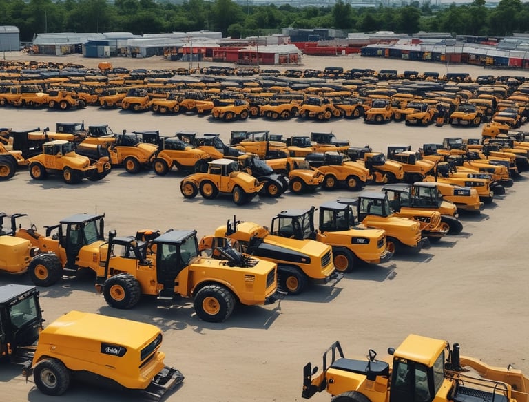 A fleet of modern construction machinery lined up at a busy site.