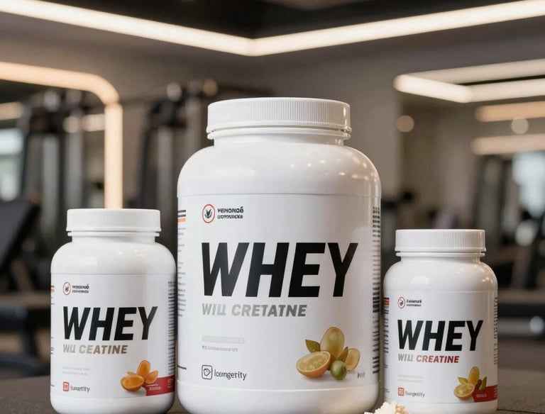 A close-up of supplement bottles and protein powders arranged on a wooden table.