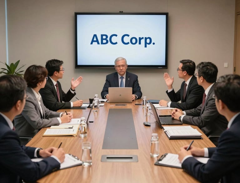 Executive team meeting in a modern ABC Bank boardroom with a digital presentation screen.