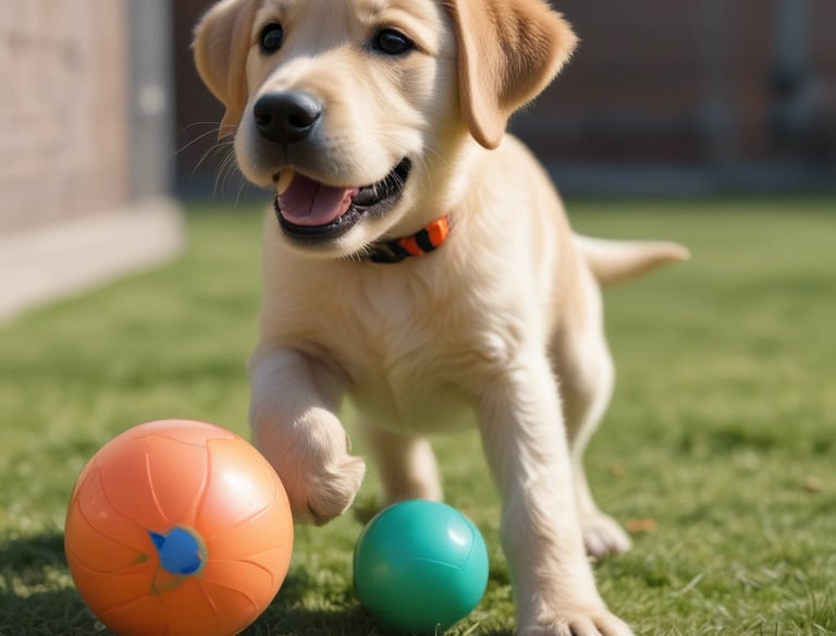 Trainer kneeling beside a focused puppy in a quiet backyard setting.