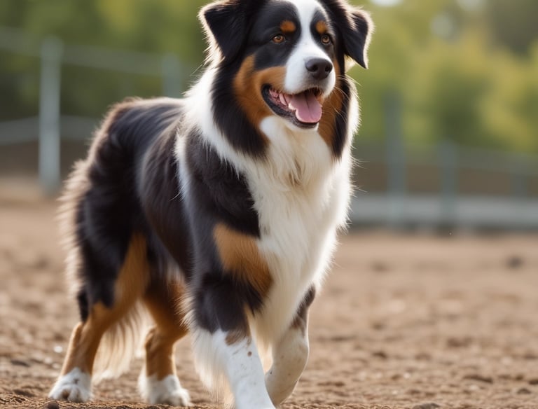 Trainer kneeling beside a focused puppy in a quiet backyard setting.