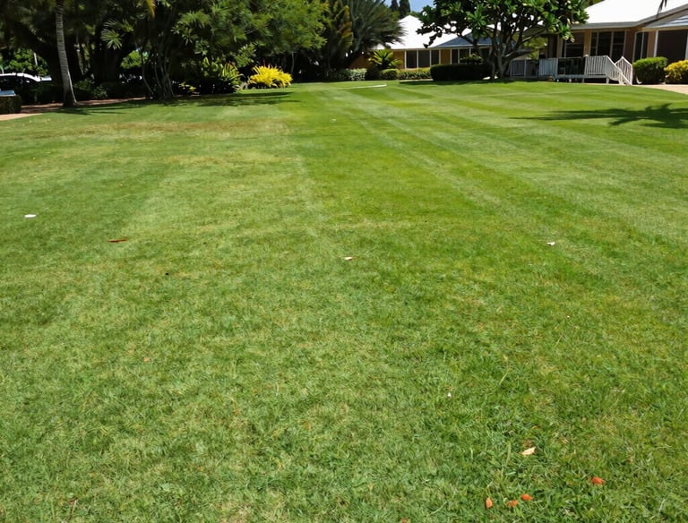 A freshly mowed tropical lawn with crisp edges under bright daylight.