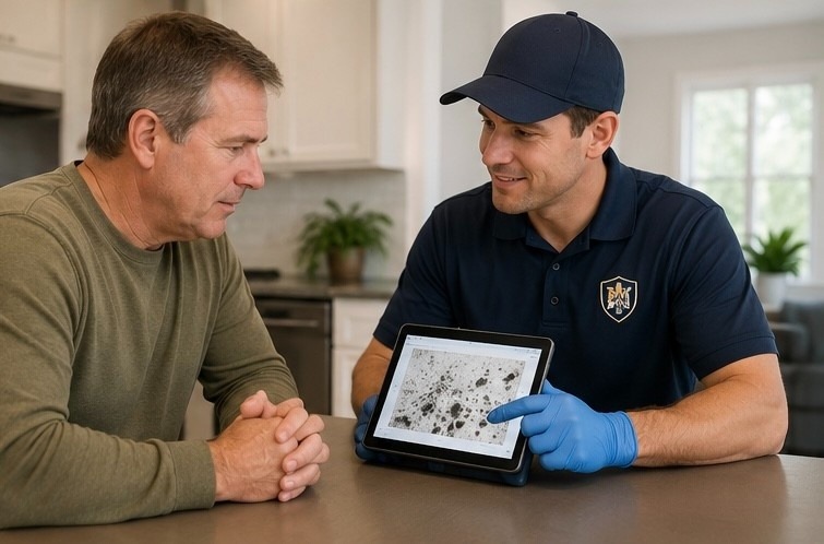 Front Range Mold Remediation certified inspector reviewing air quality testing results with Colorado Springs property owner