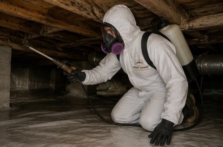 Front Range Mold Remediation technician in protective gear conducting crawl space mold removal and treatment beneath