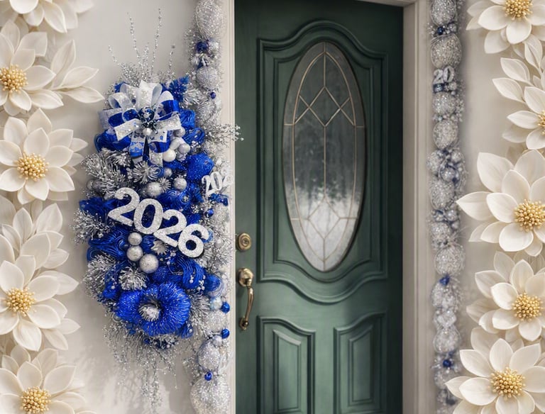 Festive 2026 New Year door decoration with blue and silver wreath and white floral garland.