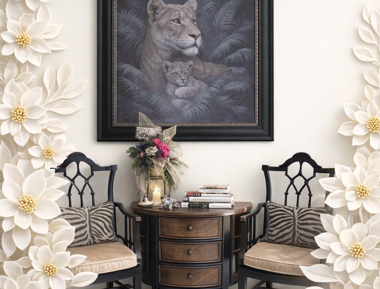 Elegant home decor featuring a lioness painting above a vintage table and two chairs framed by white paper flowers.