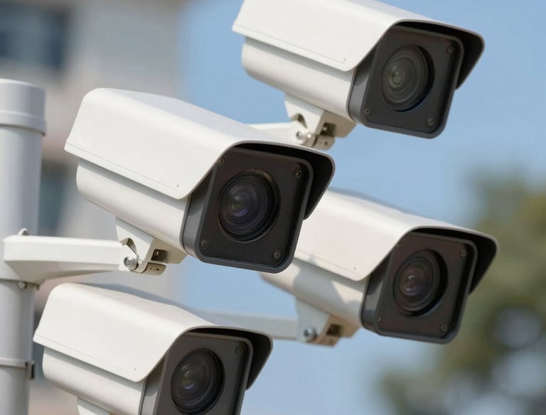 Close-up of a modern CCTV camera mounted on a building corner.