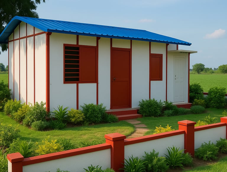 A small precast white house with red and white trimming