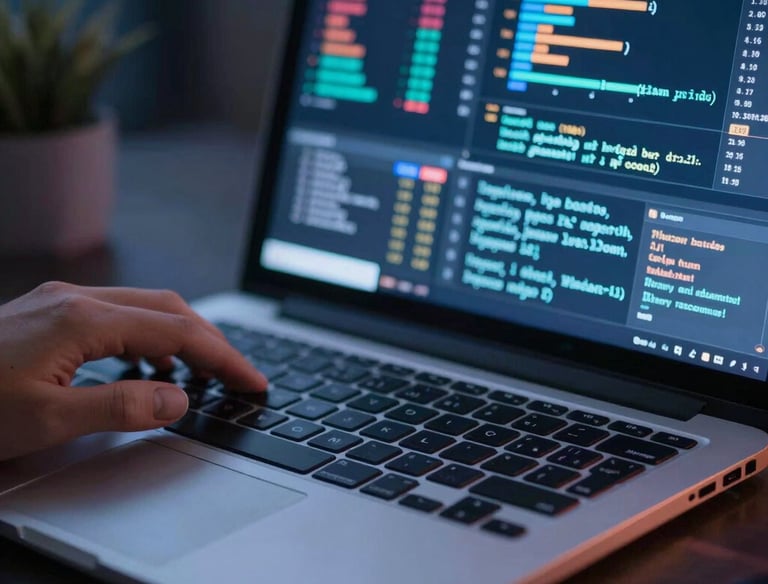 Close-up of hands coding algorithms on a laptop with data charts on screen that looks so technologyc