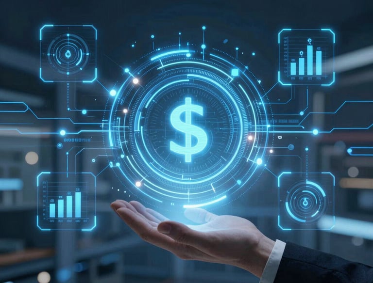 Data scientist analyzing complex graphs on multiple screens in a modern office.