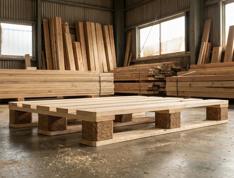 採用合成壓縮木腳柱的出口型木棧板 (Wooden Pallet with Composite Blocks)，符合國際物流規範，適合貨櫃運輸與倉儲堆疊。