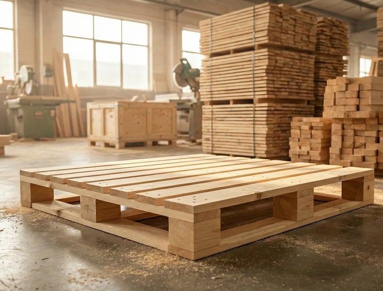 專業工業木製棧板 (Industrial Wooden Pallet)，結構堅固耐用，專為重型貨物及國際海運運輸設計。