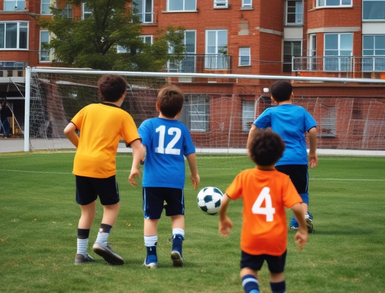 Children playing soccer energetically on a sunny field with city skyline behind.