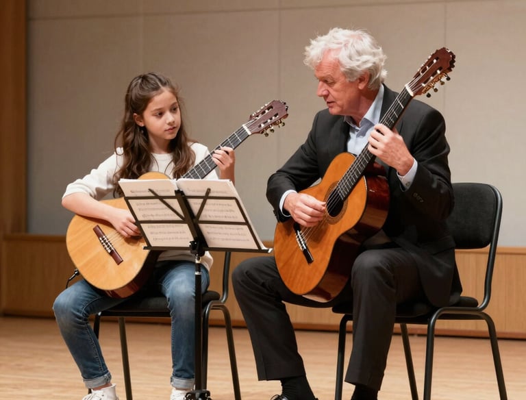 A creative team collaborating in a modern studio surrounded by instruments.
